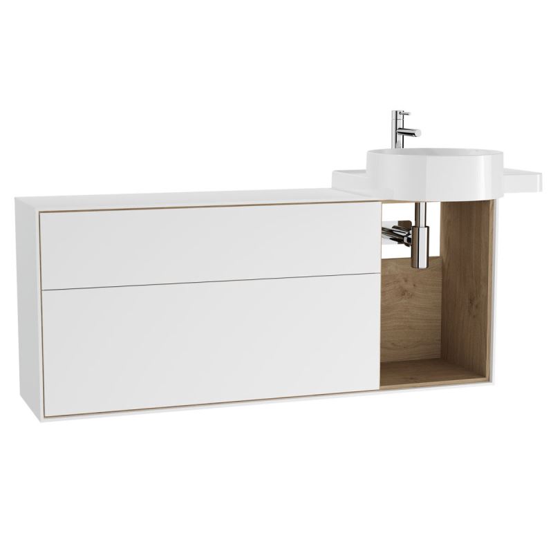 Voyage Washbasin Unit130 cm, for Countertop Washbasin, with Drawers & Shelves, Matte White & Natural Oak, Right