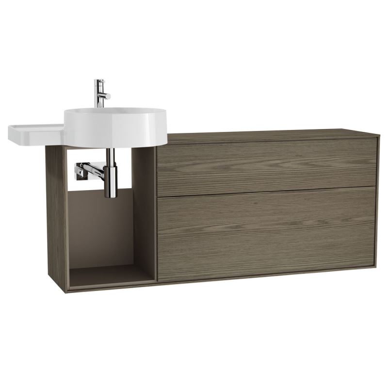 Voyage Washbasin Unit130 cm, for Countertop Washbasin, with Drawers & Shelves, Matte White & Taupe, left