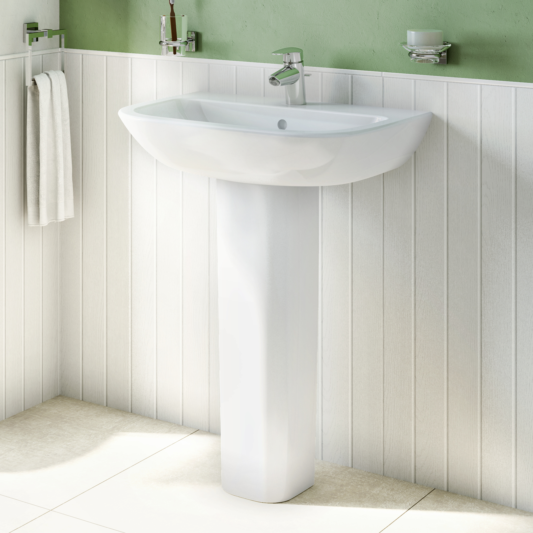 S20 wall-hung washbasin and toilet in a green bathroom